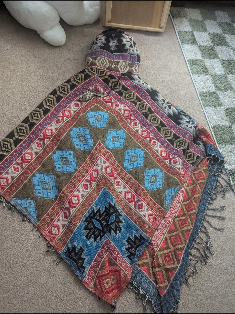 Boho Multi-Color Aztec Hooded Poncho - Picture 8 of 8